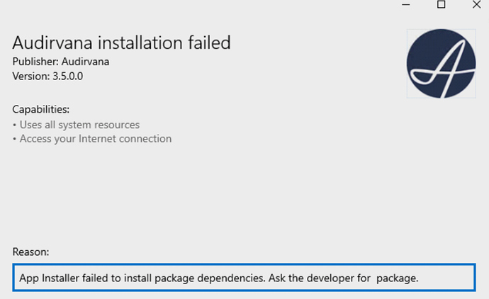 Unable to update or install Audirvana on Windows 10 - Windows